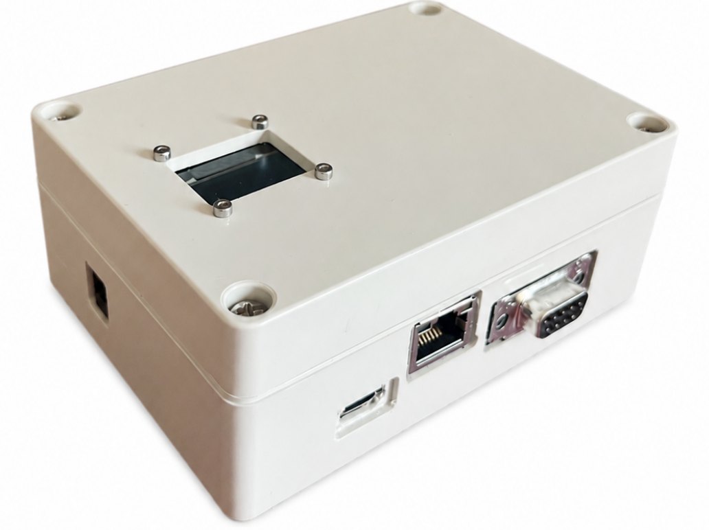 The finished remote monitoring unit in a grey ABS enclosure with OLED cut-out, RJ45, DB9 and USB-C ports